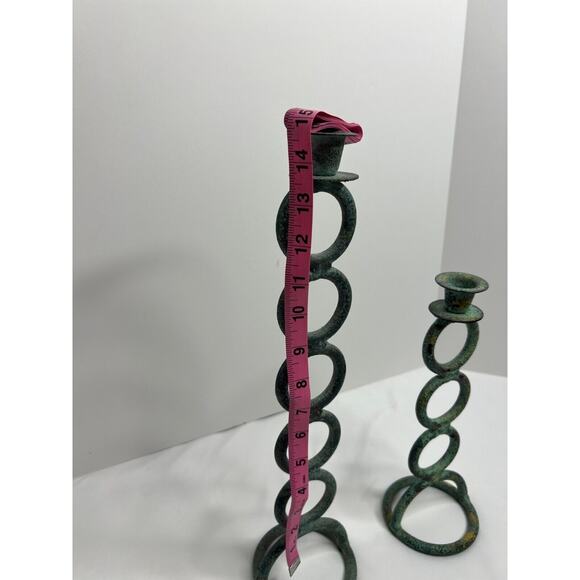 Set of 2 Green Tone Cast Iron Candle Holders, Unique Style! - Picture 5 of 7